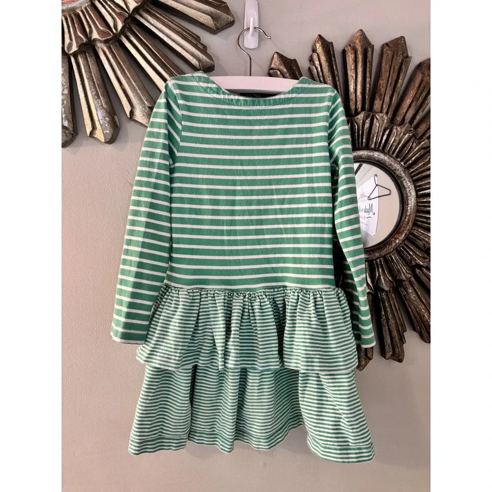 Mini‎ Boden Girls Green White Striped Heart Pocket Ruffle Dress 4-5Y